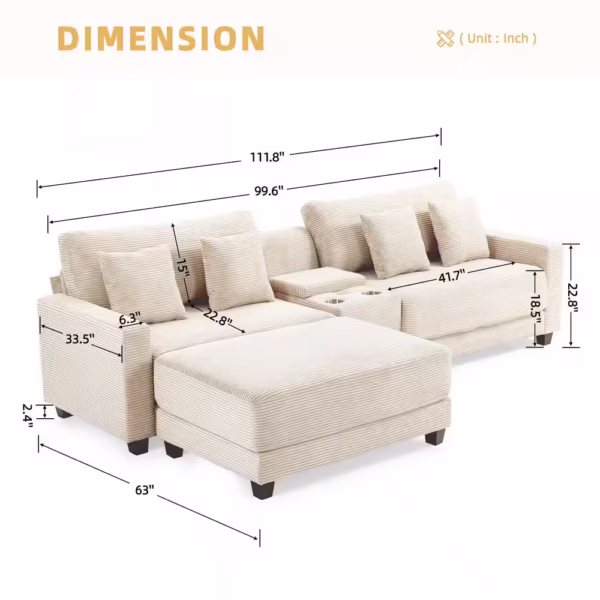 3-Piece Modern Sofa with Cup Holder and Ottoman - Image 2